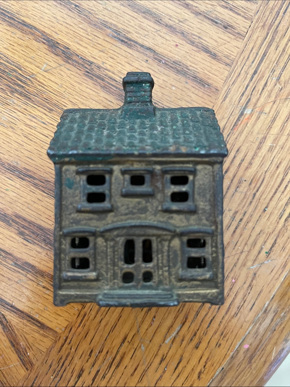Vintage Cast Iron House bank - Brown with Green Patina